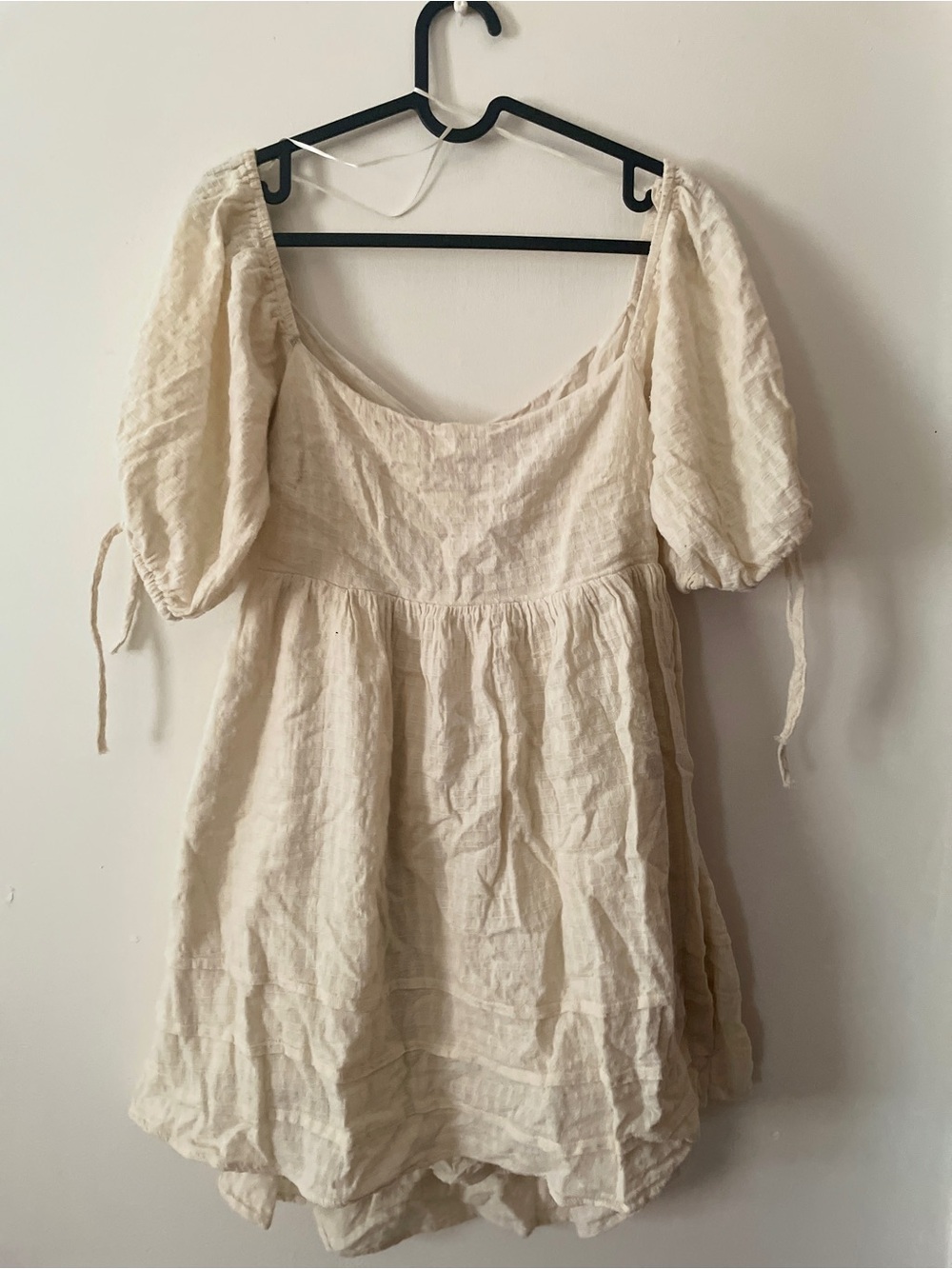 MABLE Cream Textured Babydoll Mini Dress - Puff Sleeve and Tie Up Back